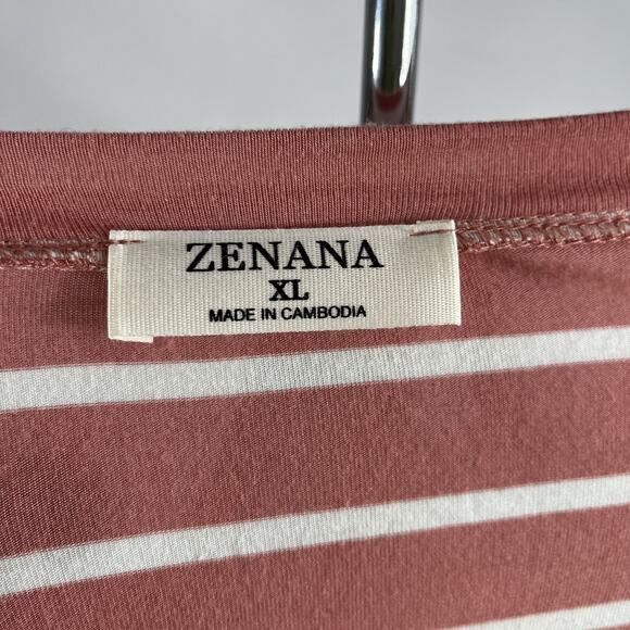 Zenana Women’s XL Striped Short Sleeve V-Neck Knit Top Coral White Casual Tee - Picture 5 of 9